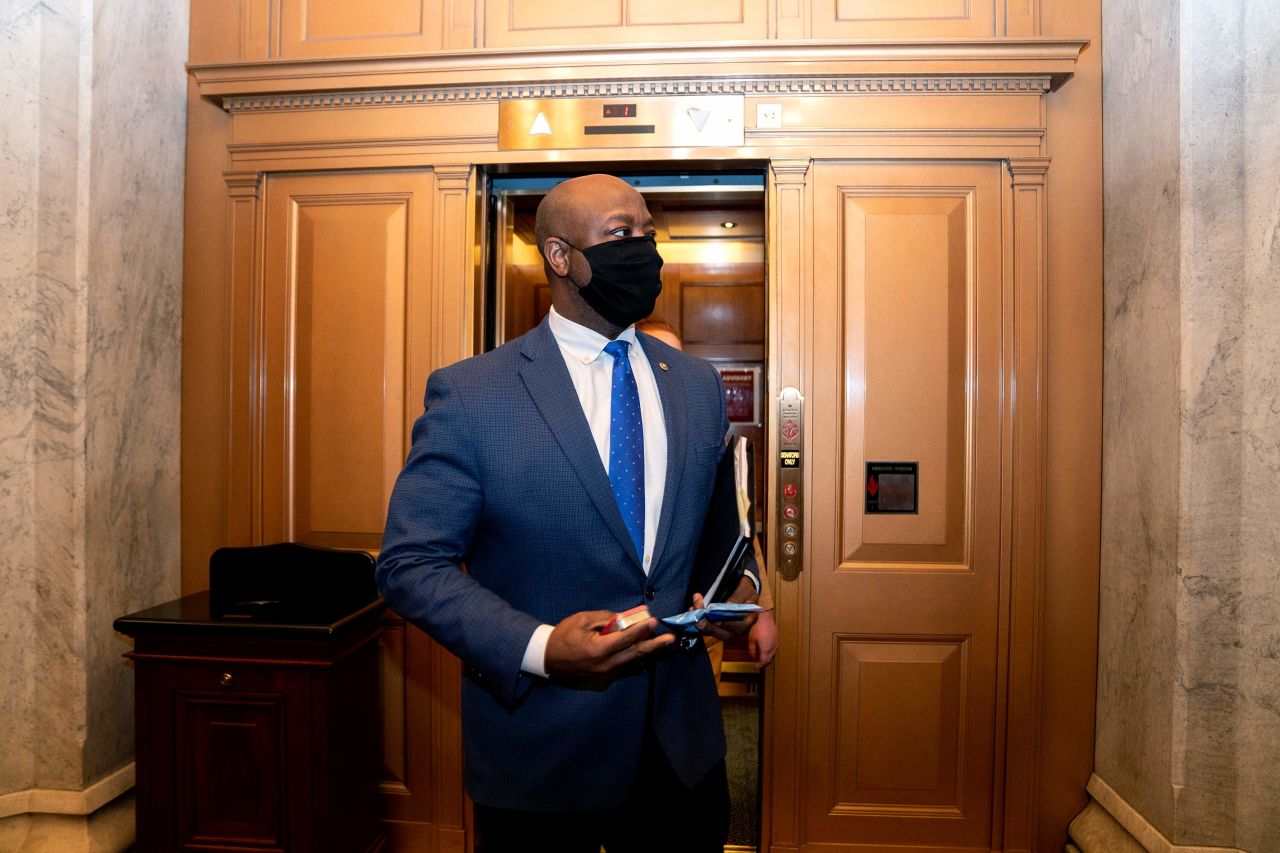 Sen. Tim Scott departs the U.S. Capitol on February 13 in Washington, D.C. 