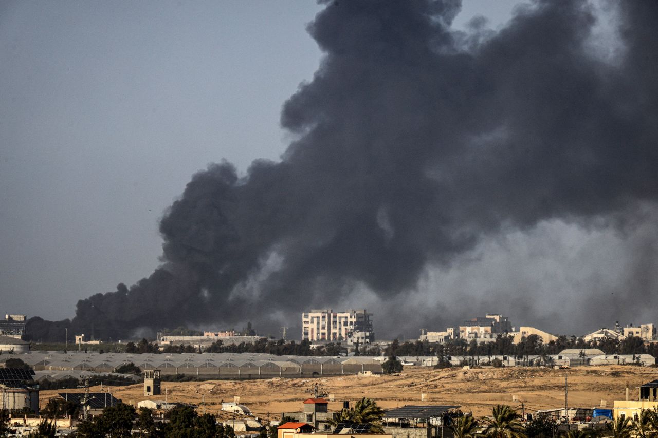 Smoke billowing over Khan Younis in southern Gaza during Israeli bombardment on January 22.