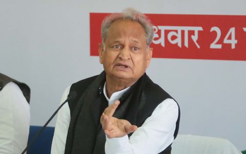 Rajasthan Chief Minister Ashok Gehlot is pictured addressing the media in Jaipur, India, on February 24.