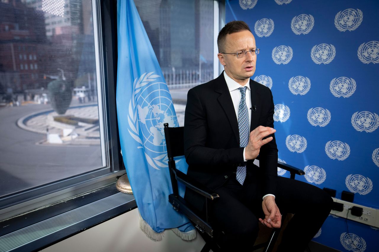 Hungary’s Foreign Minister Péter Szijjártó speaks during an interview on March 24 at the United Nations headquarters in New York.