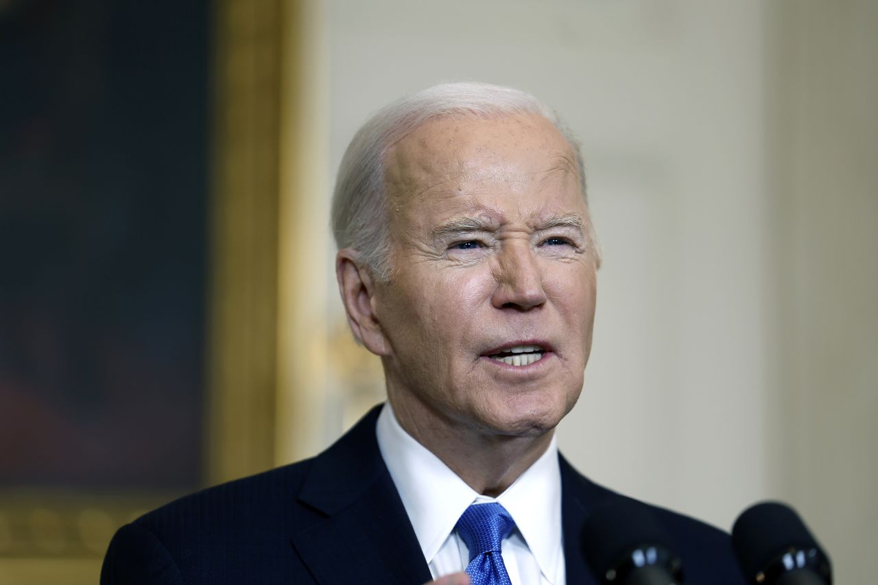 US President Joe Biden speaks on the Senate's recent passage of the National Security Supplemental Bill, which provides military aid to Ukraine, Israel and Taiwan, in the State Dining Room of the White House on February 13, in Washington, DC.?