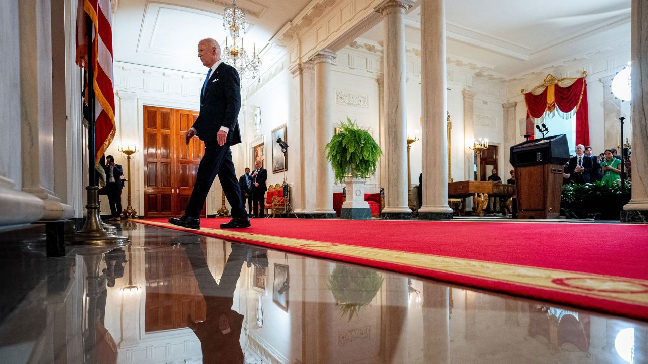 President Joe Biden departs after speaking to the media following the Supreme Court's ruling on charges against former President Donald Trump that he sought to subvert the 2020 election, at the White House in Washington, DC, on July 1. 