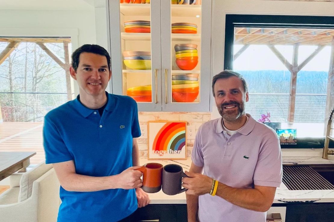 Chuck Kaylor, Glen Blount and a kitchen cabinet full of rainbow-colored East Fork Pottery.