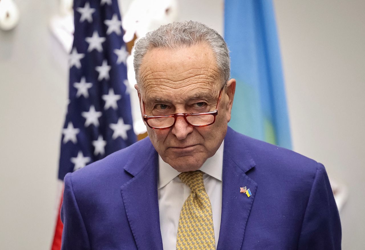 US Senate Majority Leader Chuck Schumer attends a press conference in Lviv, Ukraine, on February 23. 