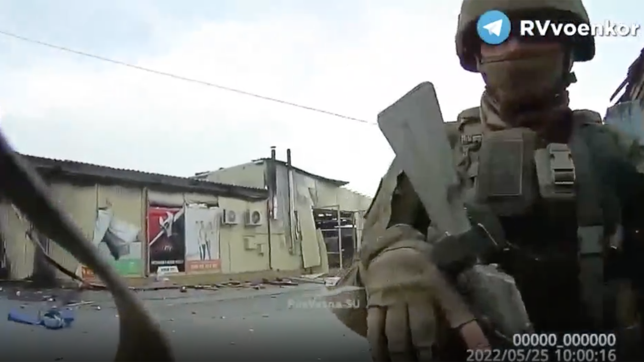 Bodycam footage?filmed by a soldier called "Rusak" on May 25?shows the incredible devastation all around the city of Lyman, Ukraine, as Russian troops move past destroyed buildings and down empty streets.