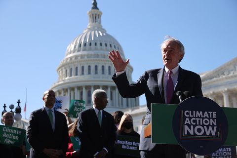 Sen. Edward Markey (D-MA) speaks during a rally to highlight the efforts of Congressional Democrats to legislate against climate change outside the U.S. Capitol on October 20, 2021 in Washington, DC. Organized by the League of Conservation Voters, the event hosted Democratic members of both the House of Representatives and the Senate. 
