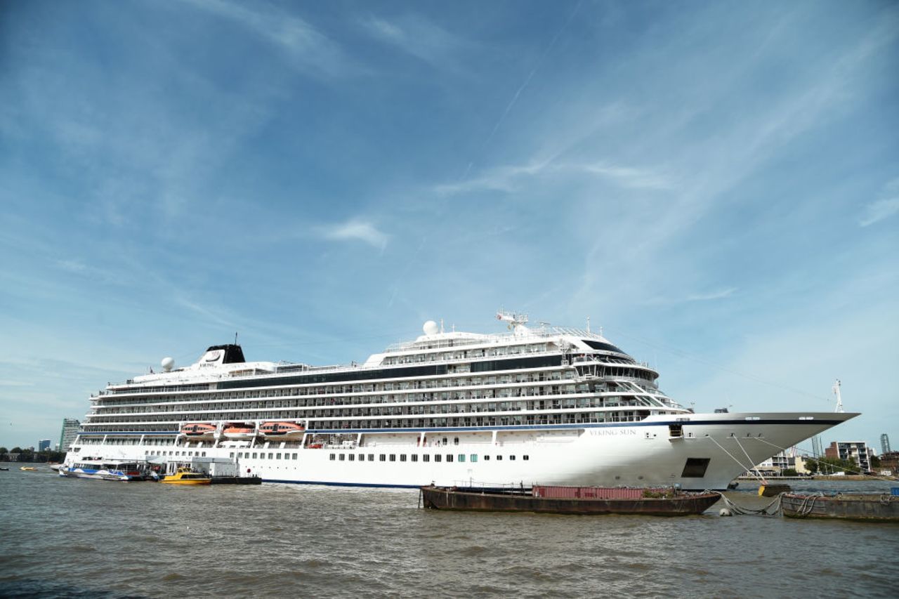 The Viking Sun, operated by Viking Cruises, at London's Greenwich Pier in August 2019.