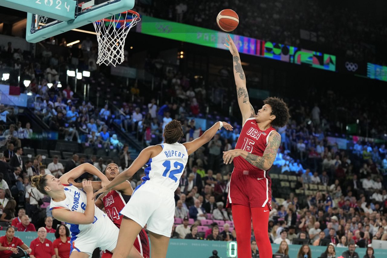 US basketball player Brittney Griner shoots during a game against France on August 11.