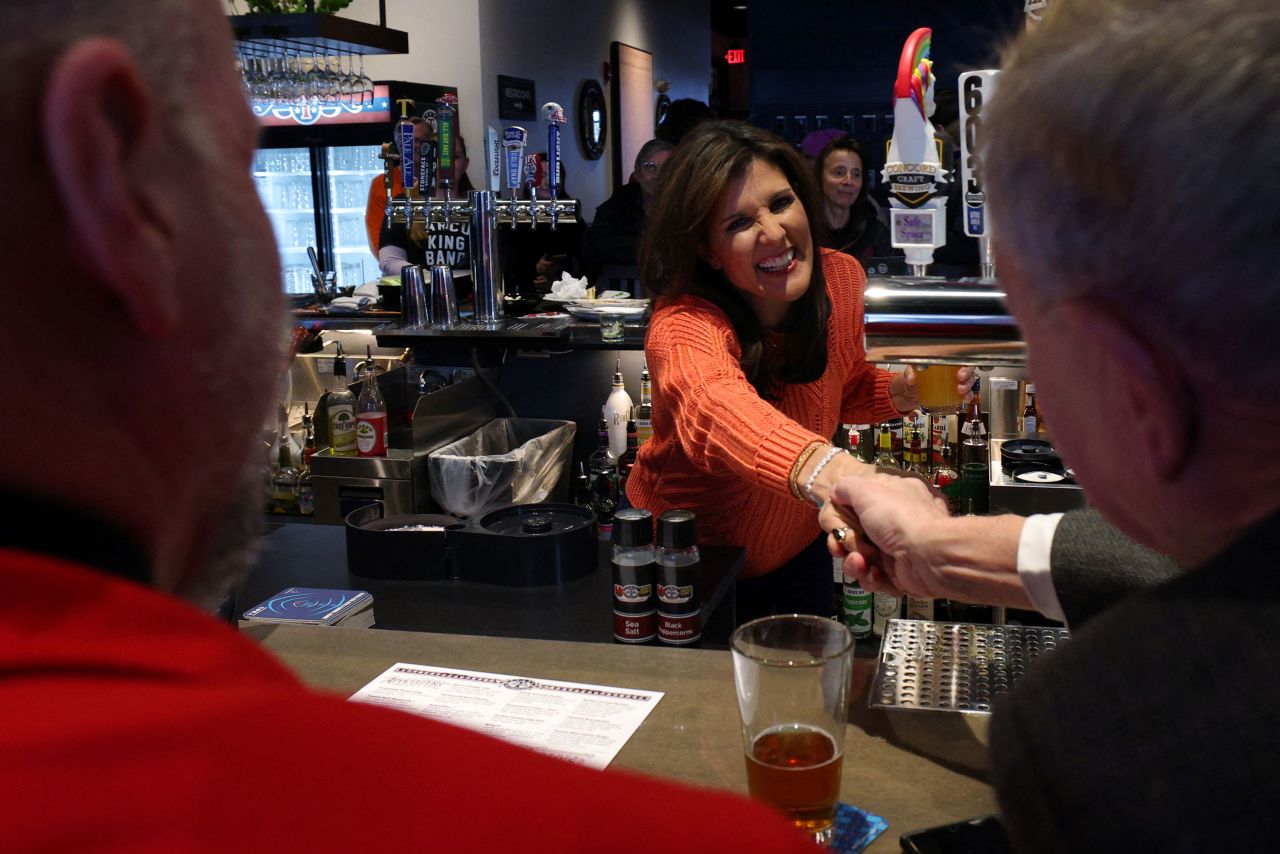 Nikki Haley greets diners during a campaign stop in Concord, New Hampshire, on Monday.