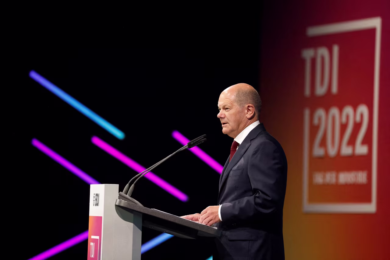 German Chancellor Olaf Scholz delivers a speech at the two-day TDI 22 Day of Industry conference held by the BDI, the Federation of German Industries, in Berlin, Germany, on June 21.