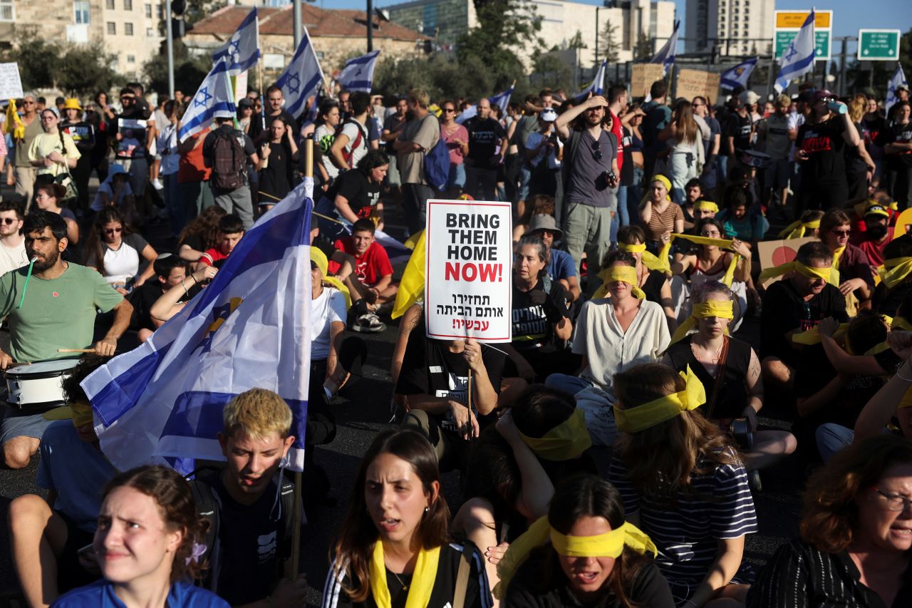 People attend a demonstration calling for the immediate return of hostages held in Gaza, amid the ongoing conflict between Israel and Hamas, outside Prime Minister office in Jerusalem September 1.