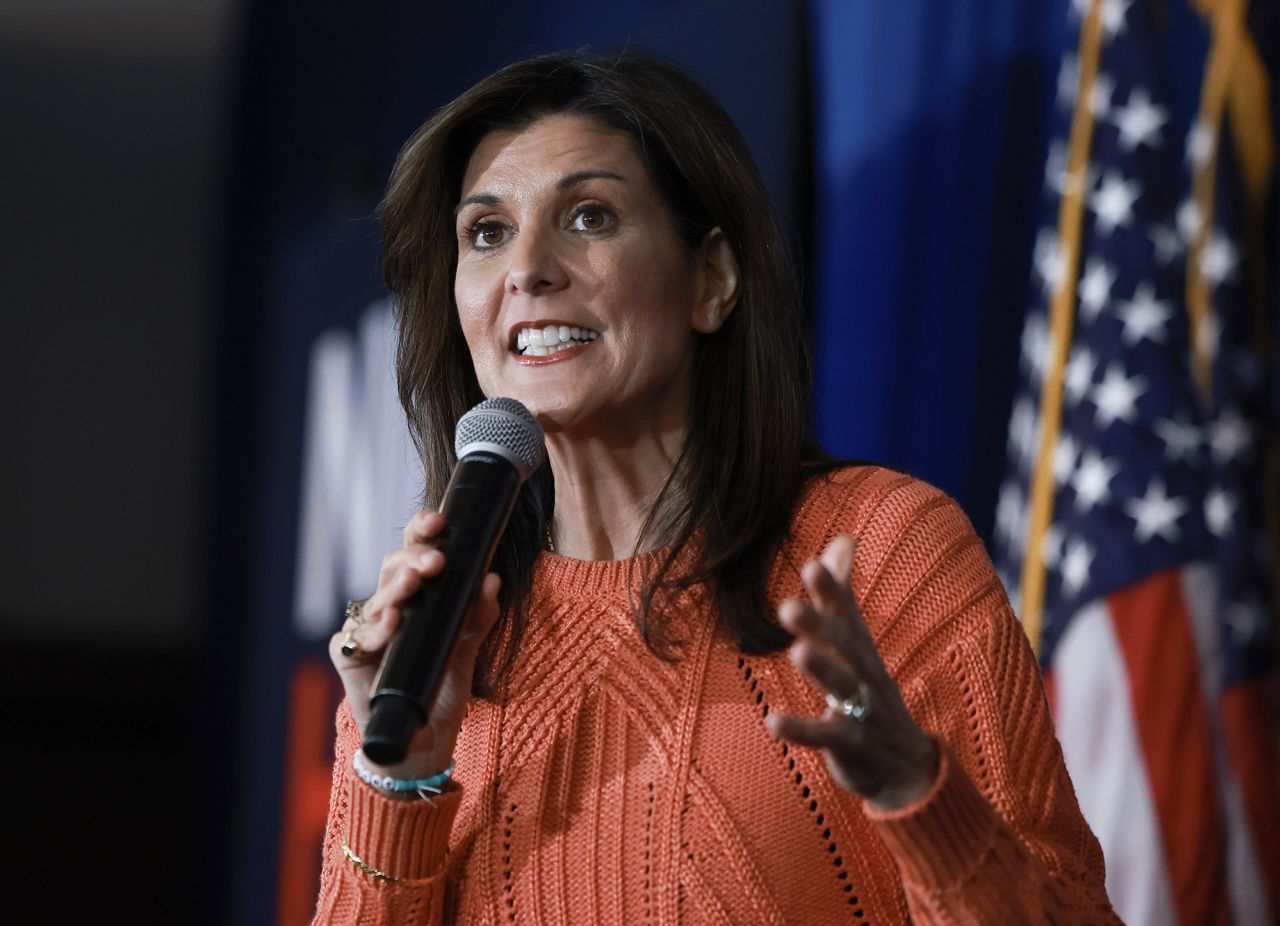 Republican presidential candidate Nikki Haley speaks during a campaign event on January 22,  in Salem, New Hampshire. 