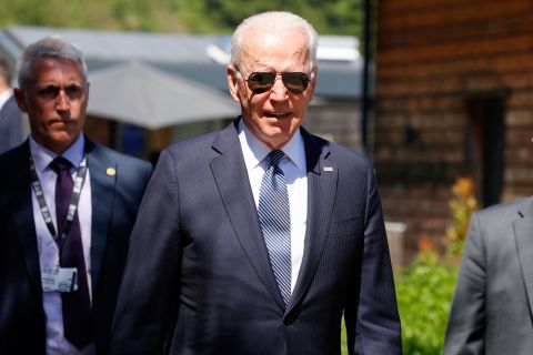 US President Joe Biden arrives for a plenary session in Carbis Bay, England, on June 13.