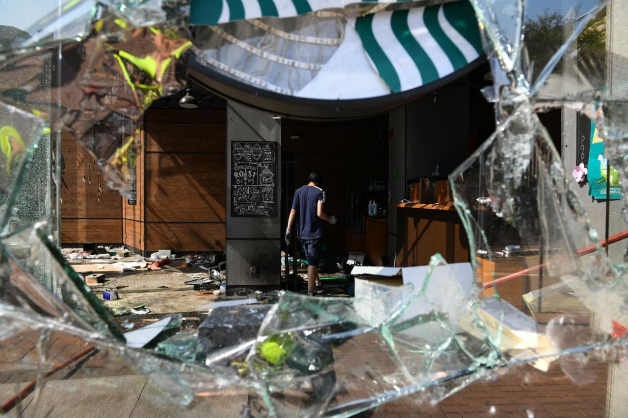 A store which has been vandalized by protesters on Monday in an attempt to distract police from Polytechnic University.