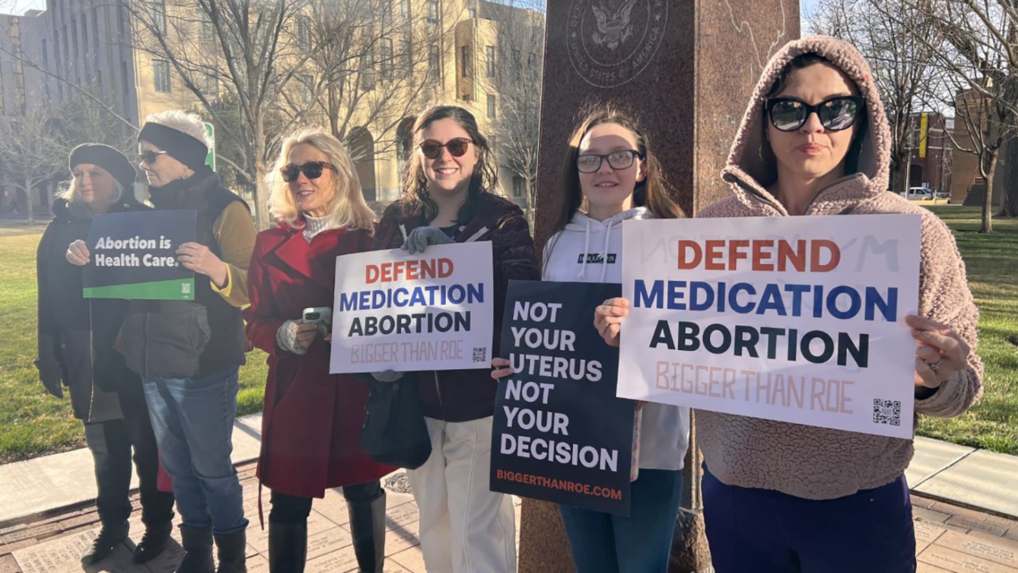 Women protest outside the United States District Court in Amarillo, Texas, as a hearing on medical abortion starts on Wednesday. 