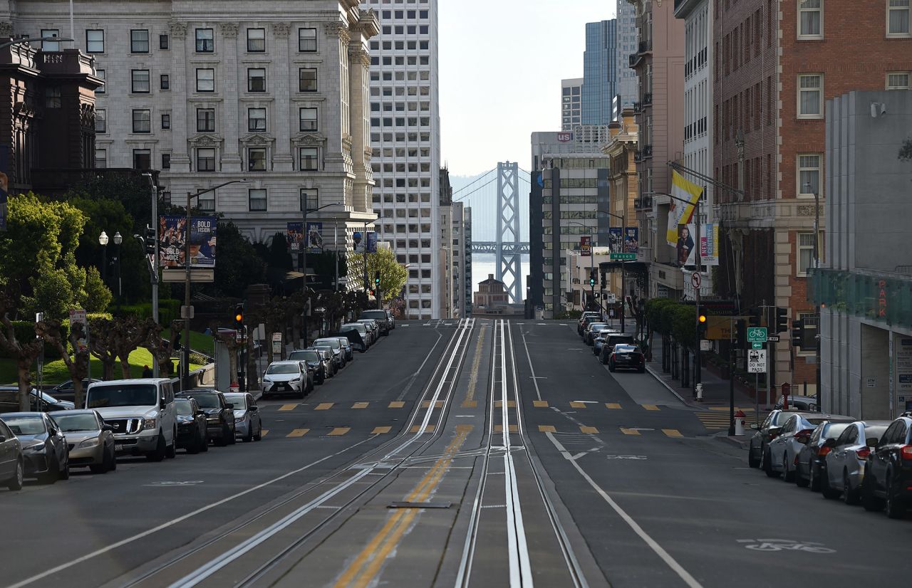 California Street, usually filled with San Francisco's iconic cable cars, is seen mostly empty on Tuesday.