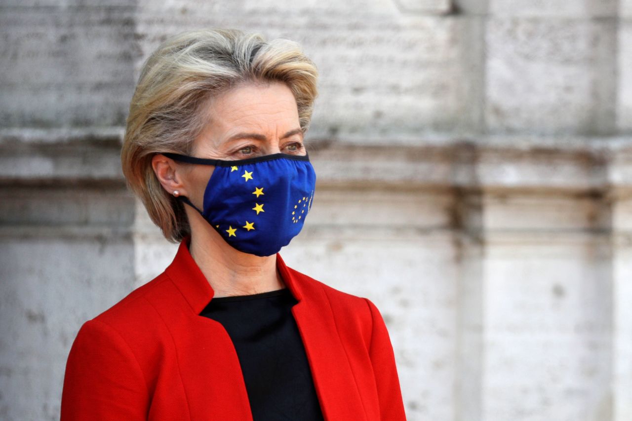 European Union Commission President Ursula von der Leyen stands after reviewing the honor guard during the Global Health Summit in Rome on May 21.