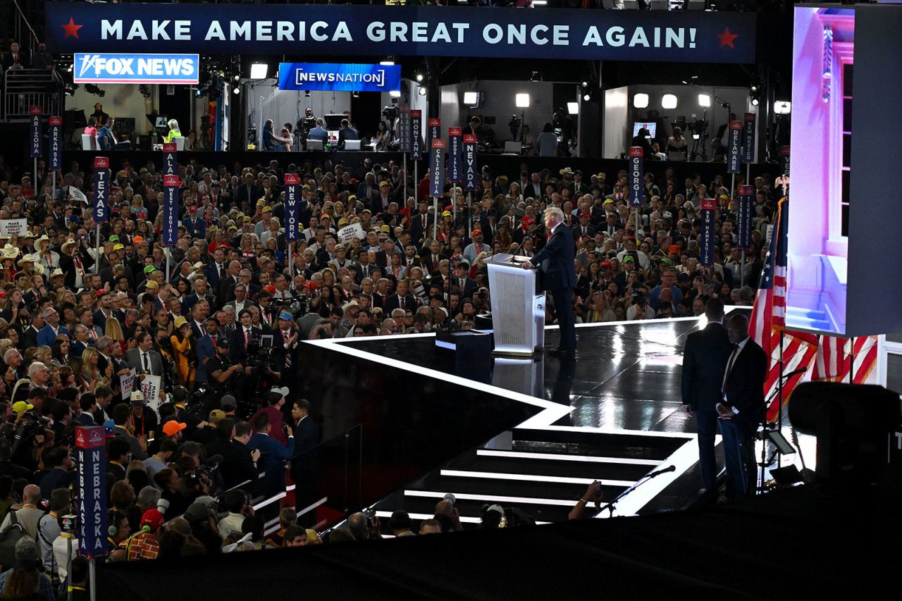 Republican presidential nominee Donald Trump speaks on stage during the Republican National Convention on Thursday, July 18, in Milwaukee.