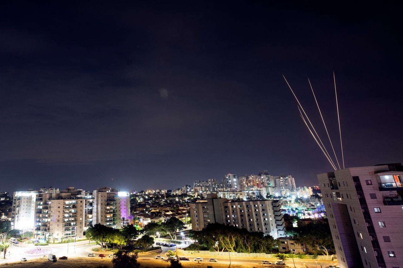 Rockets are fired towards?Israel?from the northern Gaza Strip, as seen from Ashkelon, southern?Israel, on?October 7.