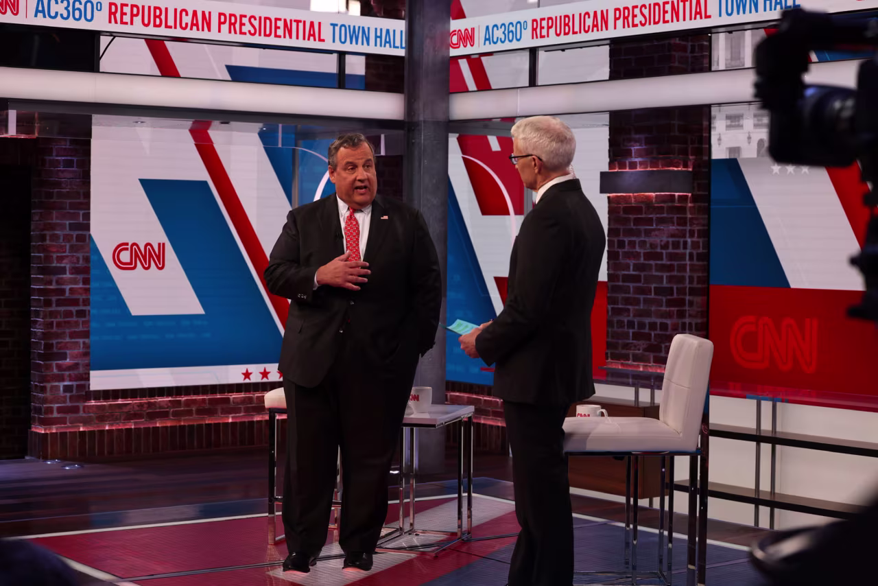 Chris Christie speaks at a CNN Republican Presidential Town Hall moderated by CNN’s Anderson Cooper in New York on Monday, June 12.