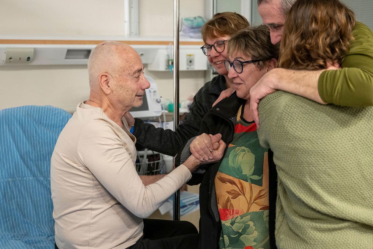 Luis Har, left, is greeted by relatives after being rescued from captivity in Gaza, at the Sheba Medical Center in Ramat Gan, Israel, Monday, February 12.