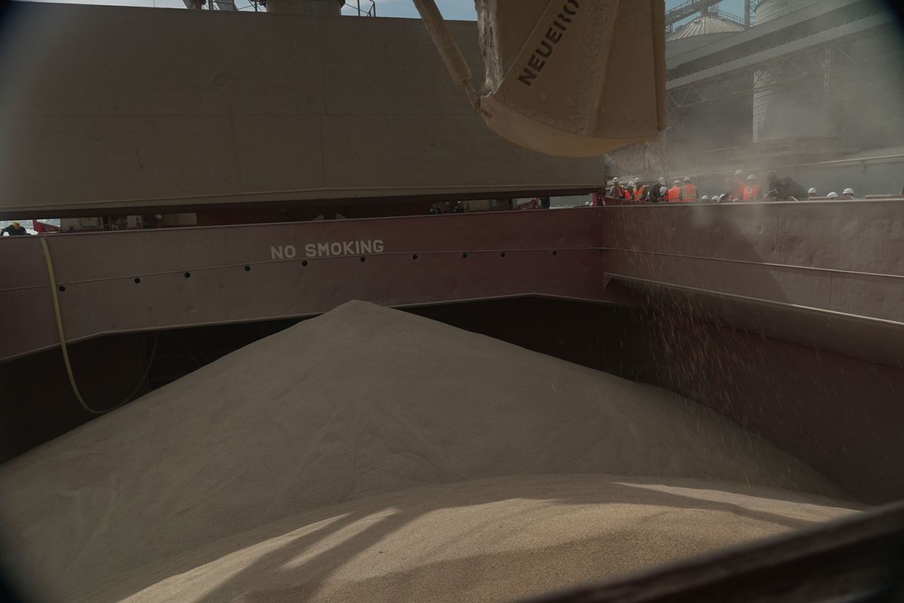 Grain is loaded onto a ship at the Chornomorsk port in Ukraine’s Odesa region in March.