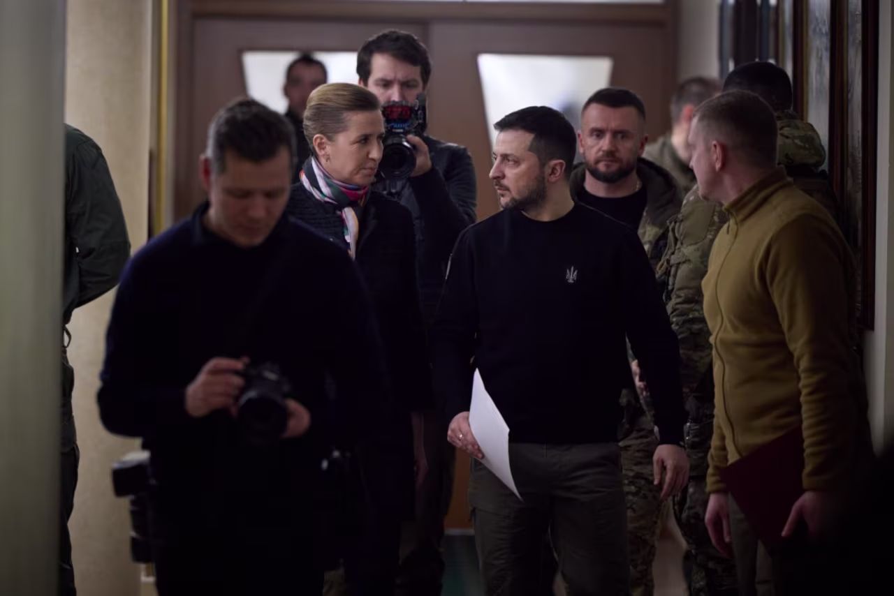 Ukrainian President Volodymyr Zelensky and Danish Prime Minister Mette Frederiksen arrive to hold a joint press conference in Odesa on Monday.