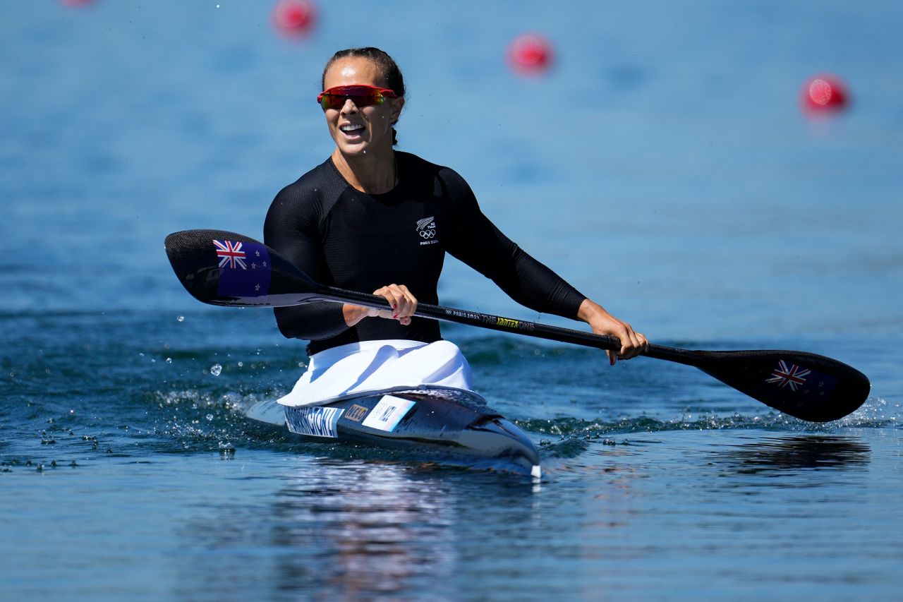 New Zealand’s Lisa Carrington reacts to winning gold in the women's kayak single 500-meter sprint on Saturday, August 10. 