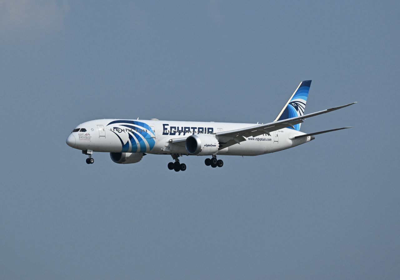 An EgyptAir plane prepares for landing at the Beijing Capital International airport on September 6.