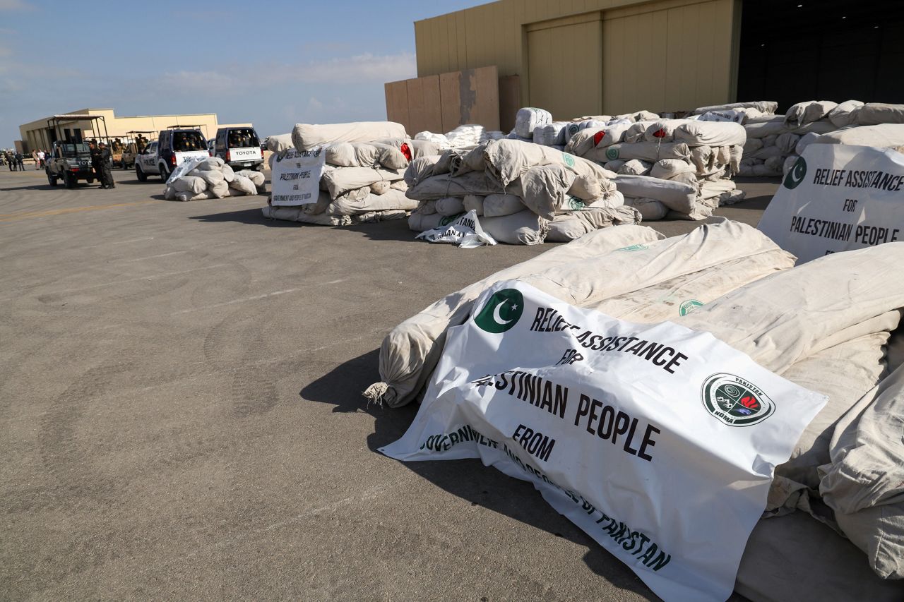 Humanitarian aid from Pakistan for Palestinians at Al Arish airport, Egypt, on October 20.