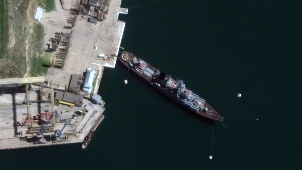 The Russian guided missile cruiser Moskva is seen in Sevastopol, Crimea in this satellite image on April 7. 
