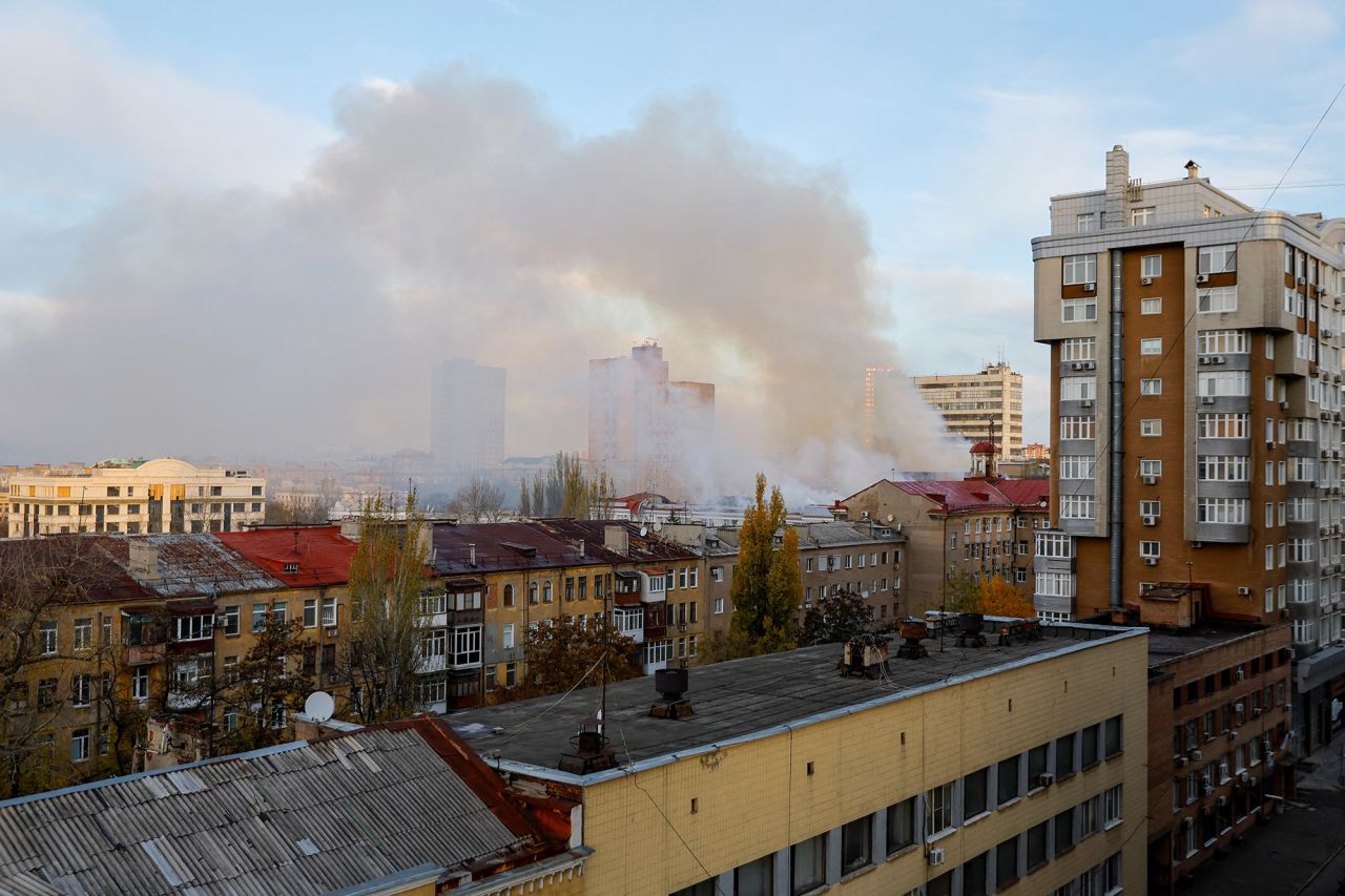 Smoke rises near a local railway administration headquarters n Donetsk, Ukraine, on November 7.