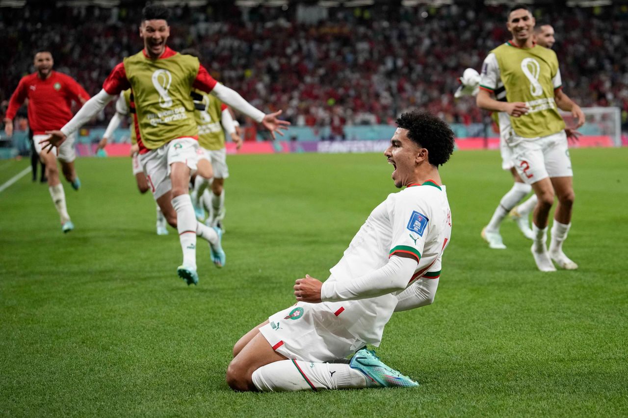 Morocco’s Zakaria Aboukhlal celebrates after scoring his team’s second goal against Belgium on Sunday. 