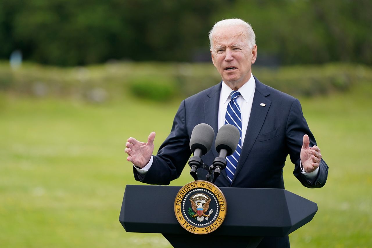 President Joe Biden speaks about his administration's global Covid-19 vaccination efforts ahead of the G7 summit, June 10, in St. Ives, England.