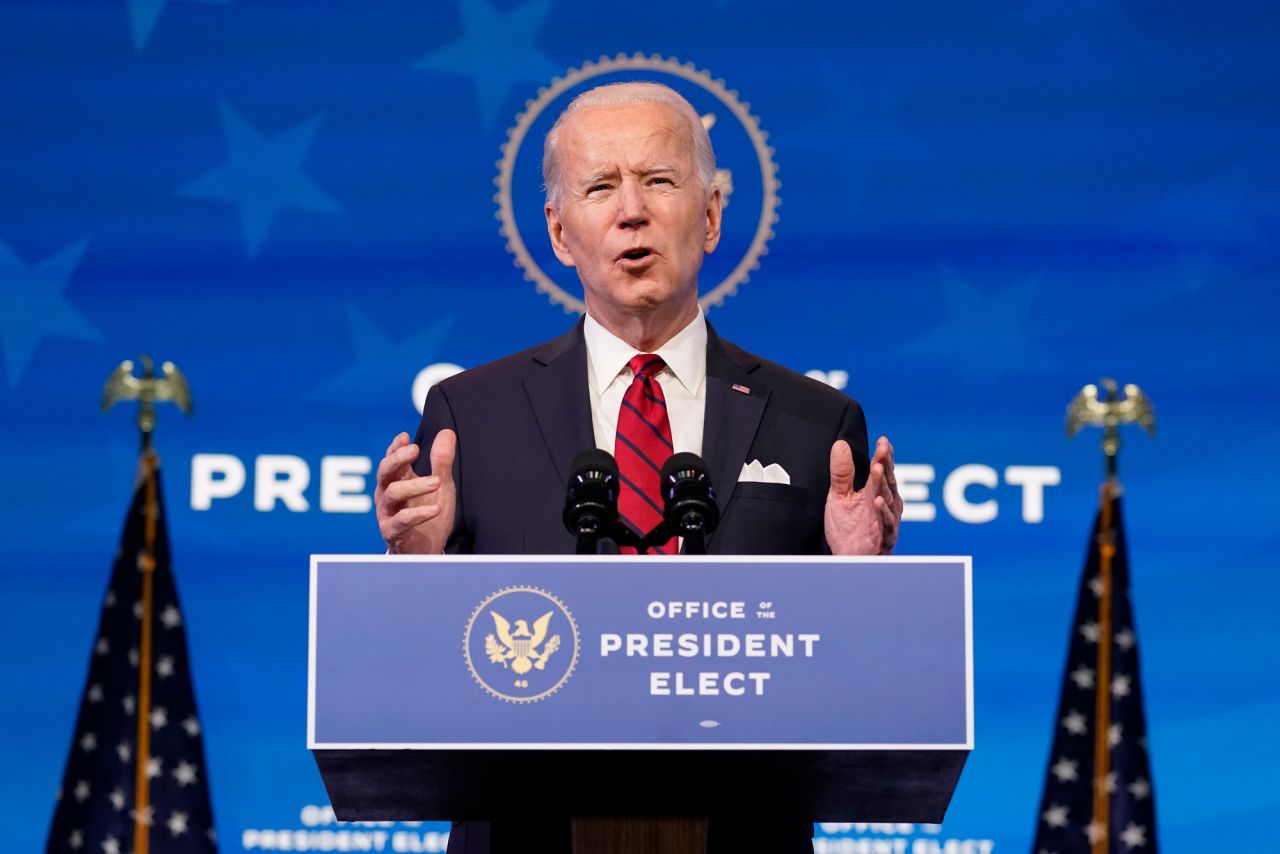 President-elect Joe Biden speaks during an event at The Queen theater on January 15 in Wilmington, Delaware.