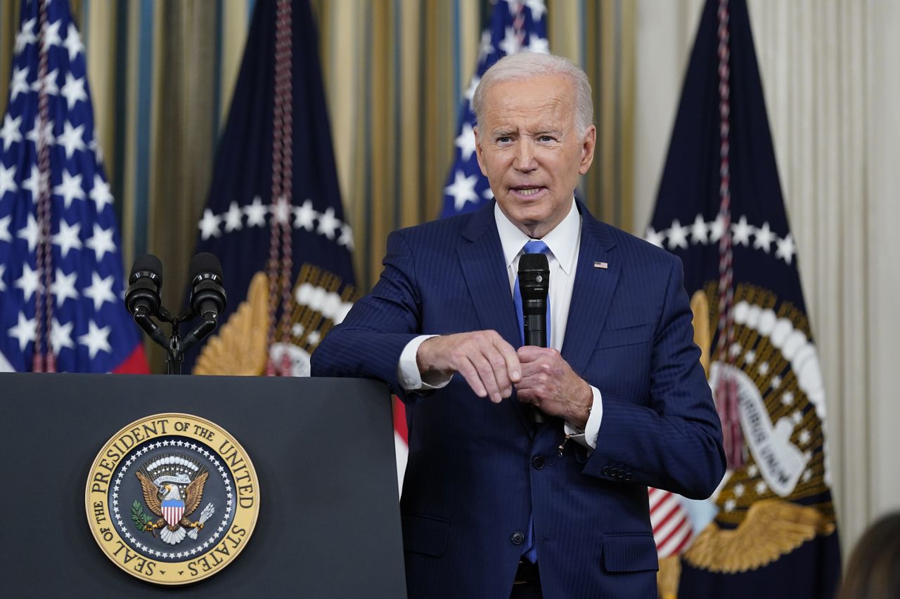 President Joe Biden speaks in the State Dining Room of the White House on Wednesday, November 9. 