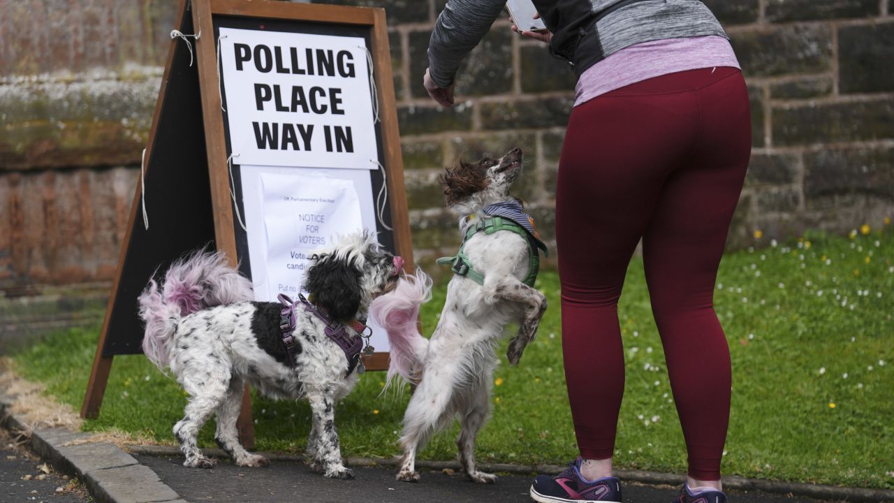 A voter wrangles their dogs at a polling station in Glasgow, Scotland. 