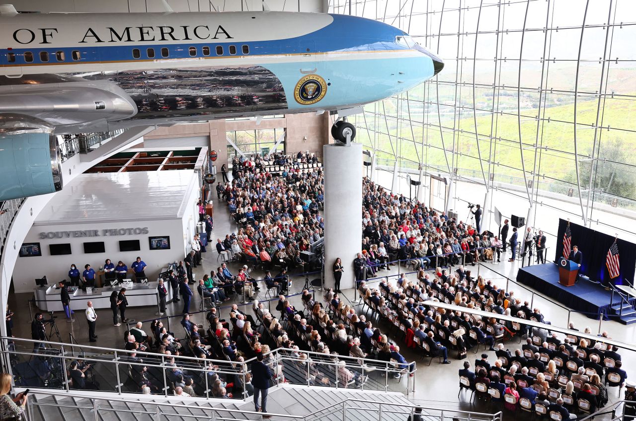 Florida Gov. Ron DeSantis speaks about his new book in the Air Force One Pavilion at the Ronald Reagan Presidential Library in Simi Valley, California, in March.