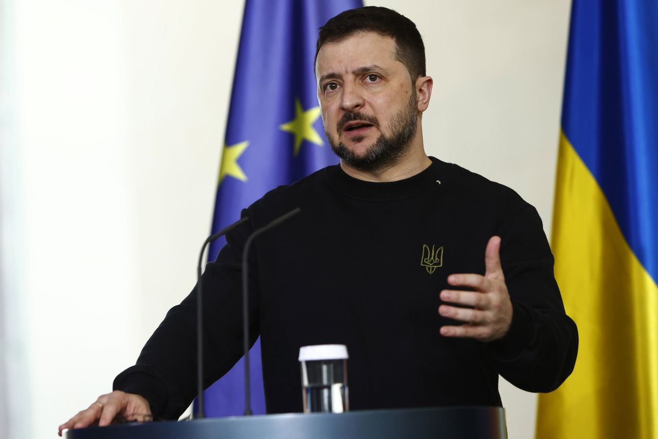 Ukrainian President Volodymyr Zelensky speaks at a press conference in Berlin on February 16. 