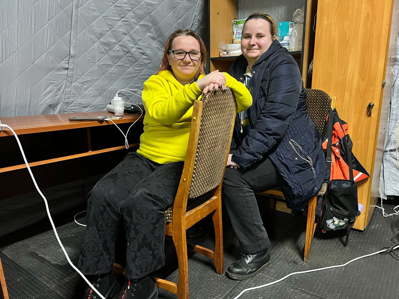 Tetiana, left, and Larysa inside an Invincibility Point in Kyiv, Ukraine.?