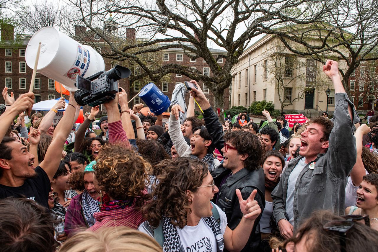 Protesters celebrate reaching a deal with the administration at Brown University in Providence, Rhode Island, on Tuesday. 