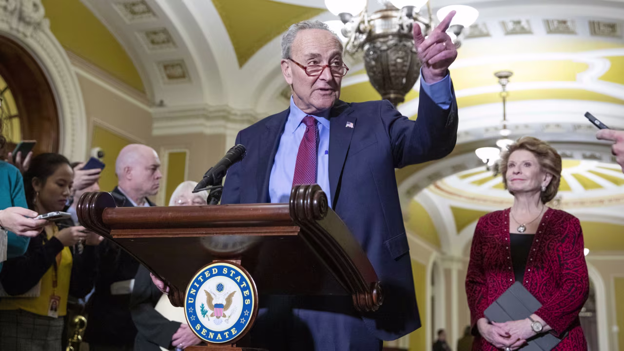 Senate Majority Leader Chuck Schumer speaks at a news conference on Tuesday.