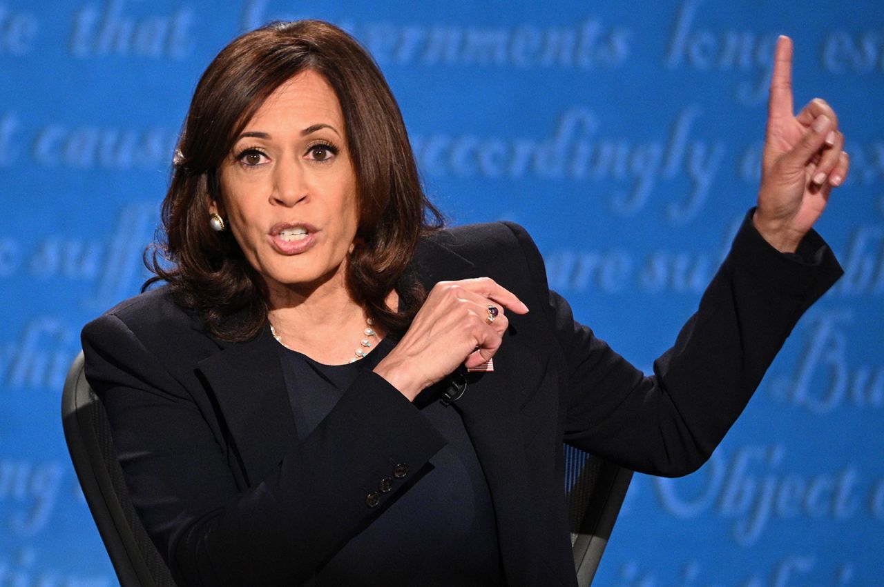 Democratic vice presidential nominee and Senator from California, Kamala Harris gestures as she speaks during the vice presidential debate in Salt Lake City on Wednesday.