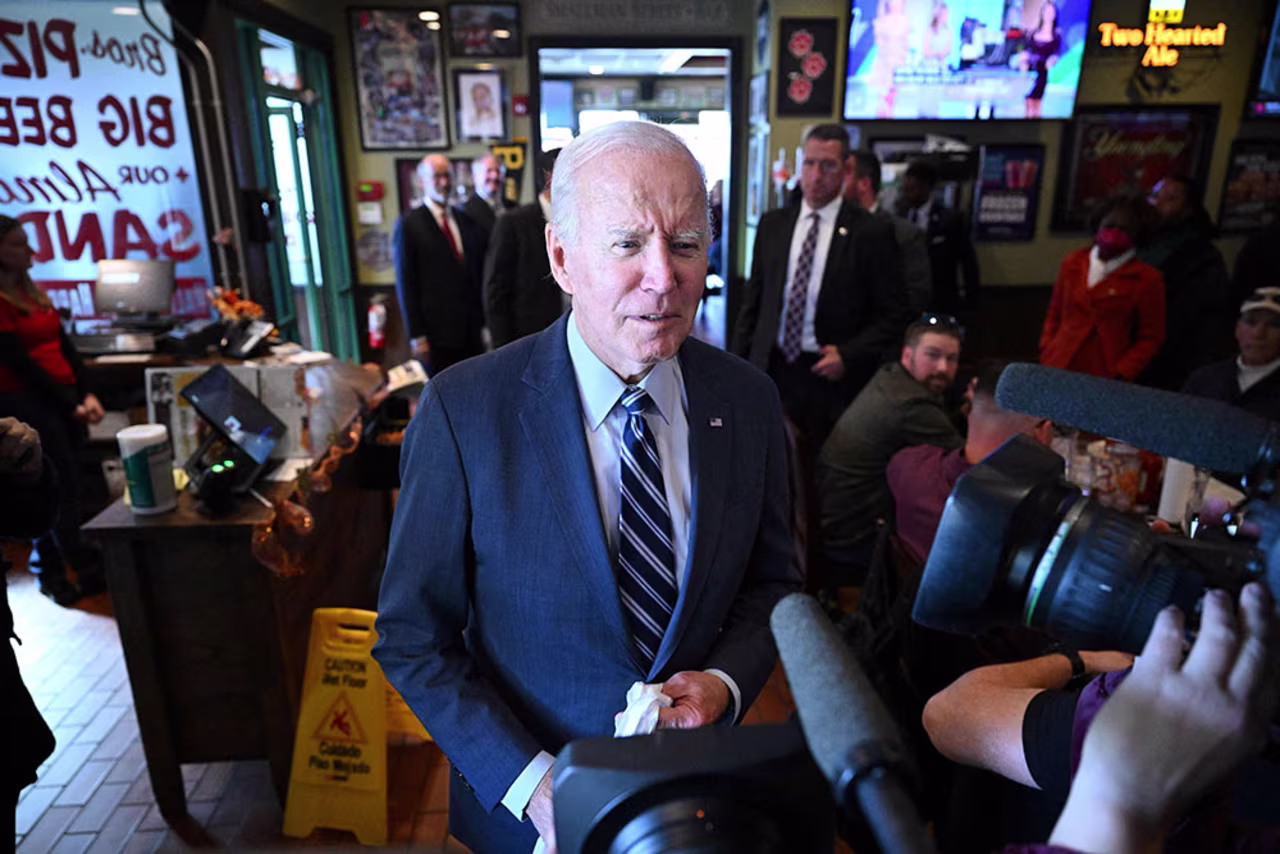 President Joe Biden speaks to the press during a visit to Primanti Bros sandwich shop in Moon Township, Pennsylvania, on Oct. 20. 