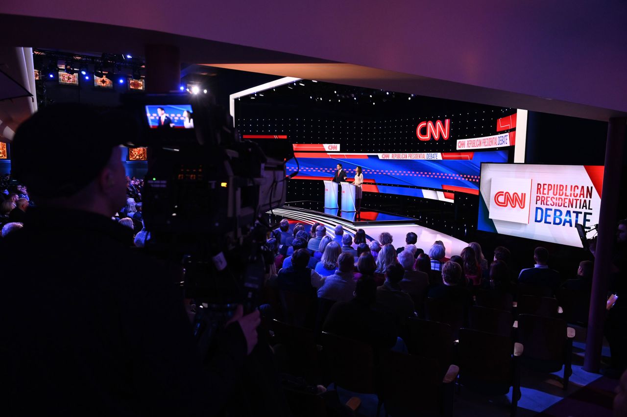 Former South Carolina Gov. Nikki Haley and Florida Gov. Ron DeSantis participate in a CNN Republican Presidential Debate at Drake University in Des Moines, Iowa, on January 10, 2024.