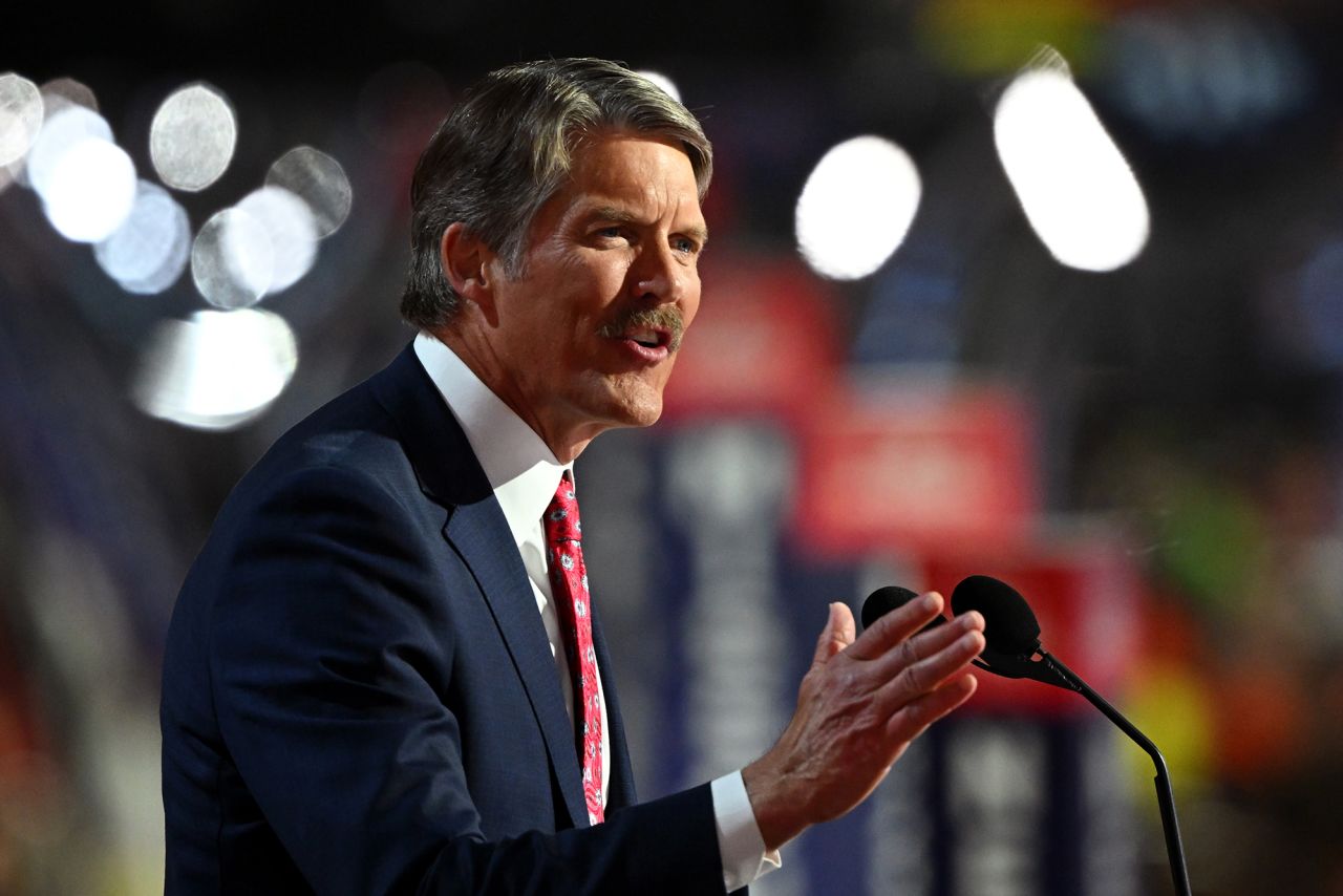 Wisconsin Republican U.S. Senate candidate Eric Hovde speaks on stage on the second day of the Republican National Convention on July 16 in Milwaukee, Wisconsin.