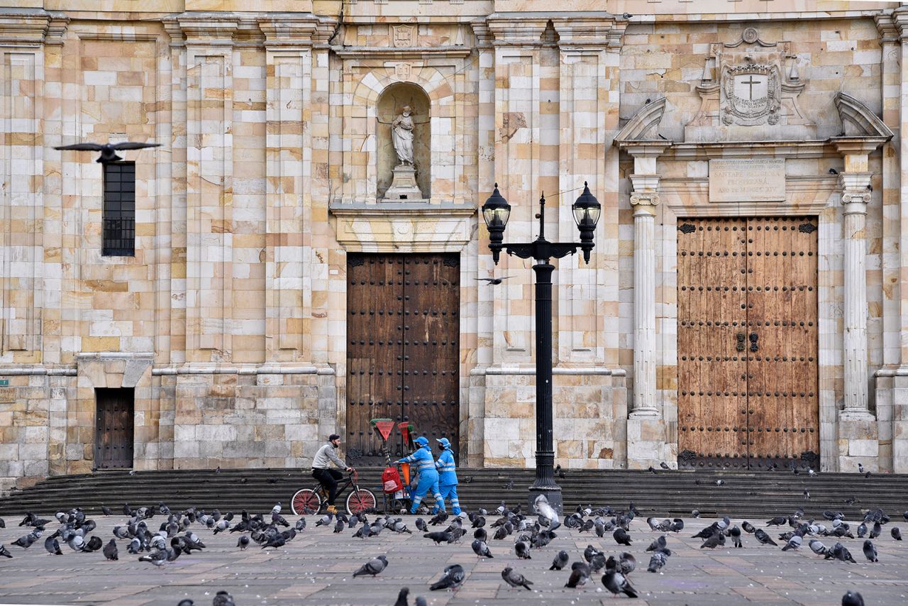 A near empty Plaza de Bolivar is seen during a reinstated lockdown in downtown Bogota, Colombia, on April 10.