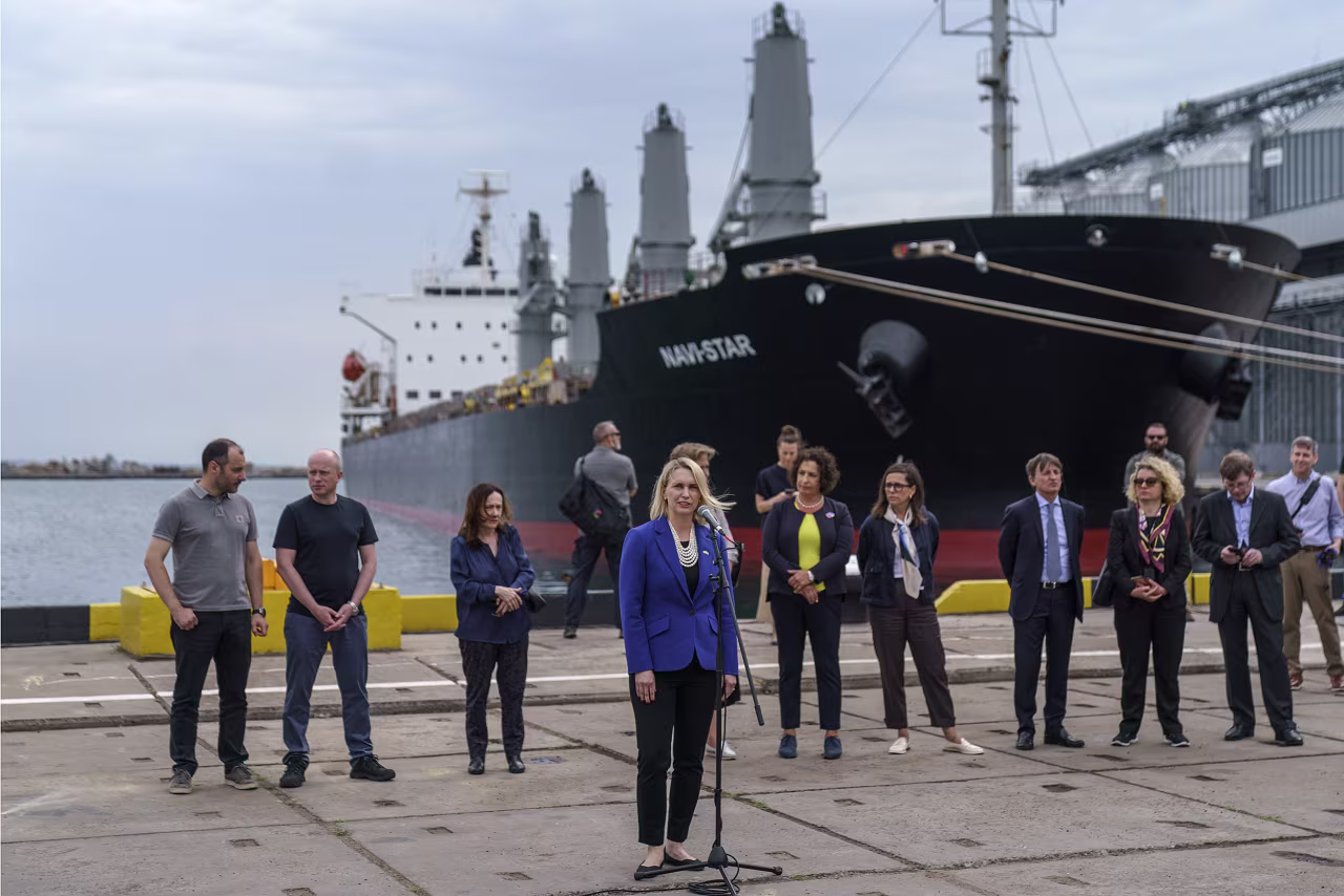 U.S. Ambassador to Ukraine Bridget Brink, center, speaks during a press conference with G7 ambassadors and UN representatives at the Odesa Sea Port, in Odesa, Ukraine, on July 29.