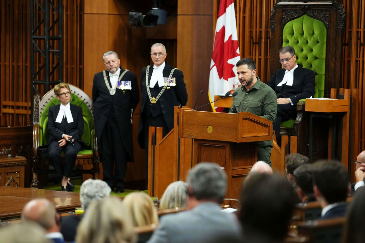 Ukrainian President Volodymyr Zelensky delivers an address to Canada's Parliament in Ottawa on Friday. 