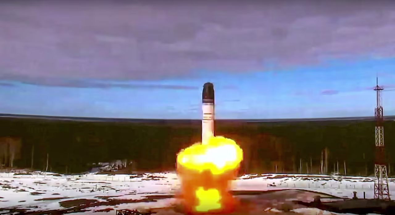 The Sarmat intercontinental ballistic missile is launched in Plesetsk, Russia, in this handout photo released by Roscosmos Space Agency Press Service on April 20, 2022.